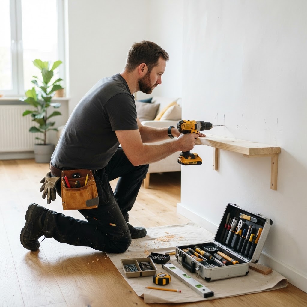 Profesional montando una estantería con taladro en una pared
