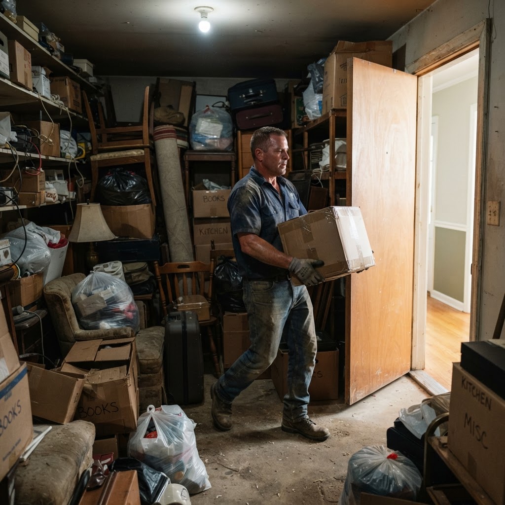 Trastero lleno de cajas y muebles durante un vaciado
