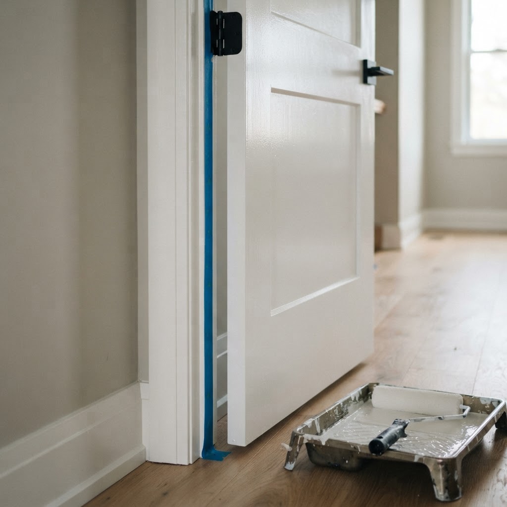 Puerta interior recién lacada en blanco con cinta de carrocero