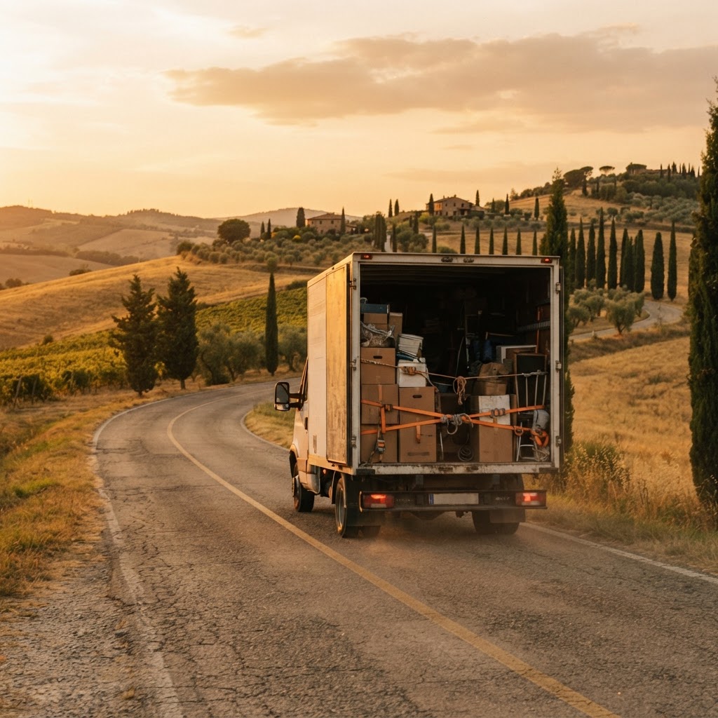 Camión de mudanzas en una carretera comarcal al atardecer