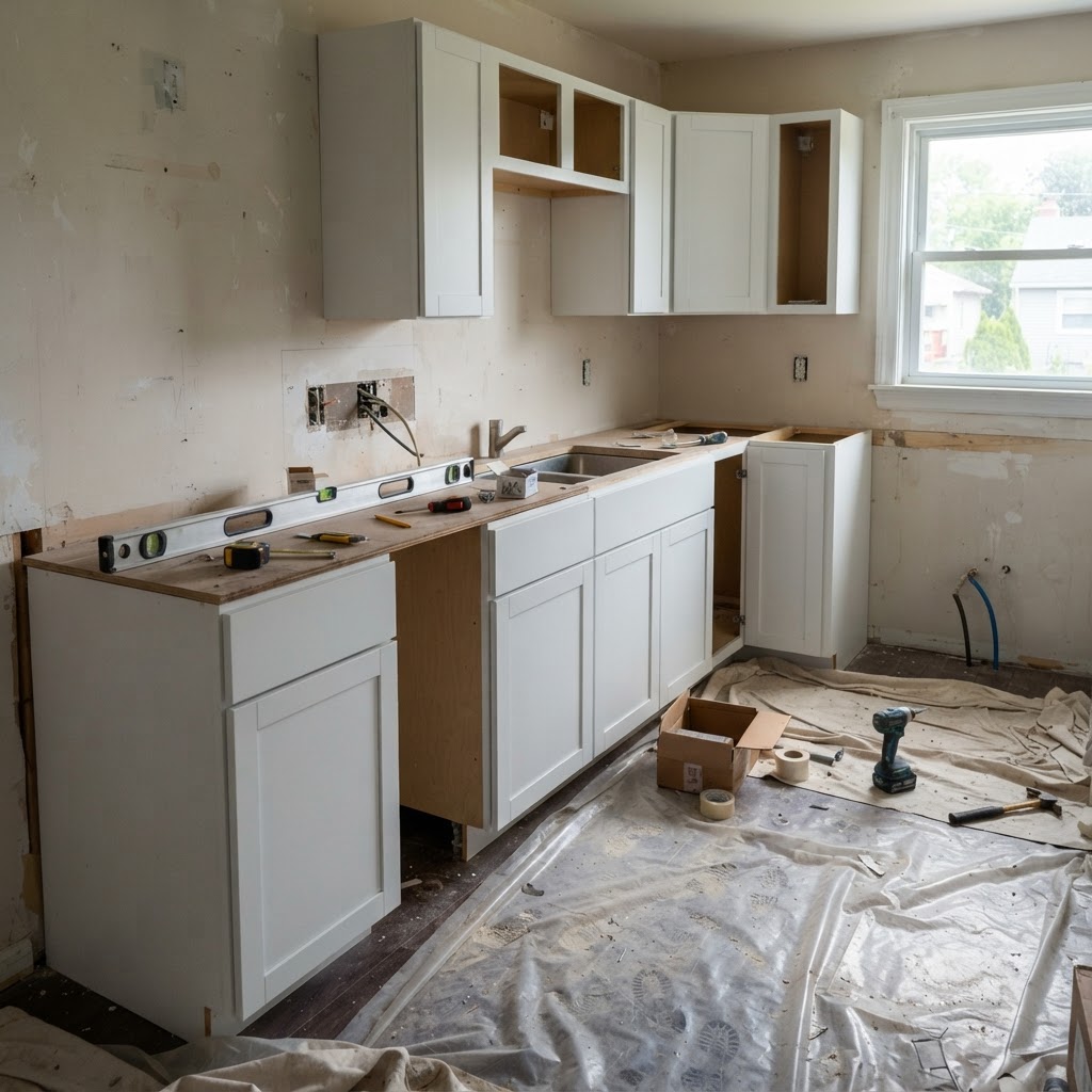 Reforma de cocina en curso con muebles nuevos y herramientas