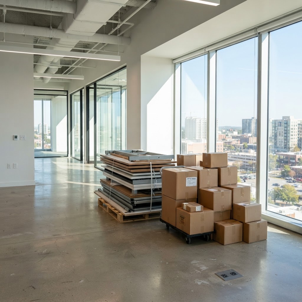 Oficina vaciada con mesas desmontadas y cajas cerradas