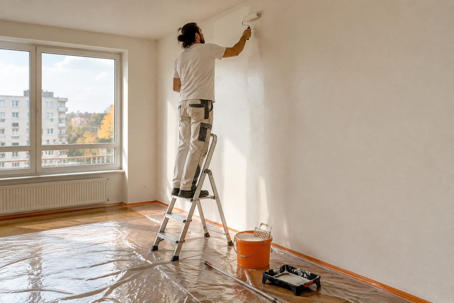 Pintura de interiores con rodillo en una pared recién preparada